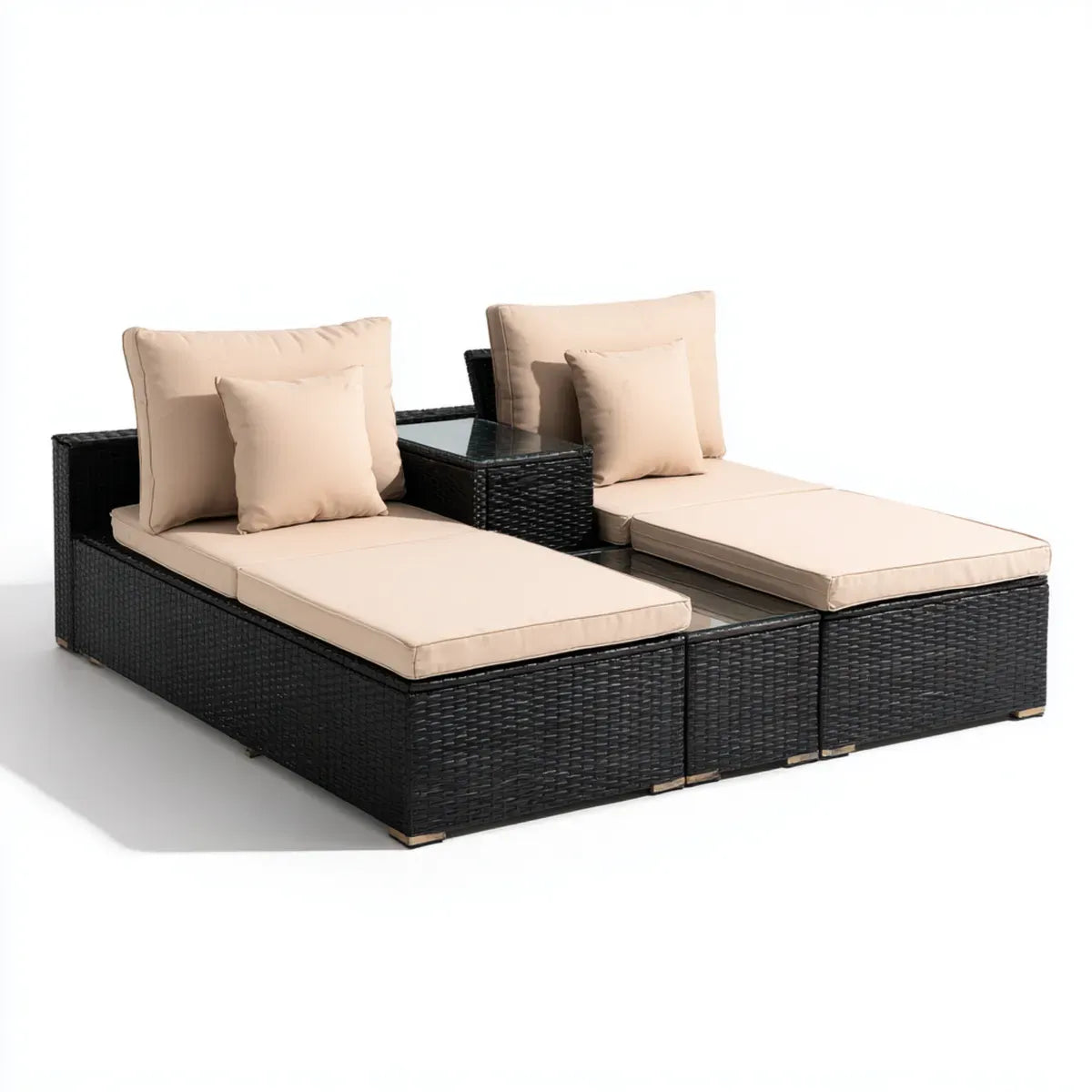 Leżanka ogrodowa, Zestaw łóżeczek ogrodowych z bocznym stołem Czarna Beżowy PE- Rattan prostokątna 200 x 75 x 70 cm