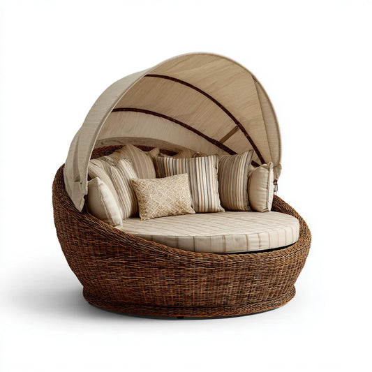Leżanka ogrodowa, Okrągłe ogród sunbed wyspa z dachem słonecznym brązowy beż z PE rattan 220 x 220 x 170 cm
