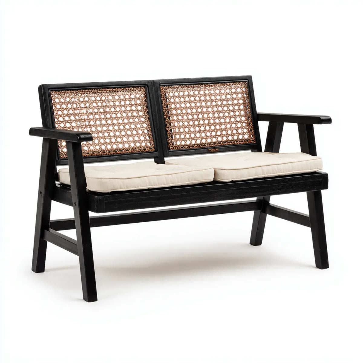 Ławka ogrodowa, 2-osobowa ławka ogrodowa Czarna przyroda krem 120 x 65 x 80 cm litego drewna rattan braid prostokątna