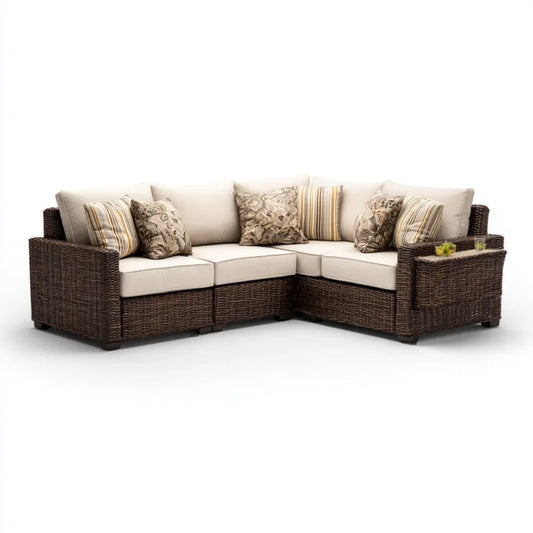 Sofa ogrodowa, Zestaw do rozkładania tarasów Zestaw do siedzenia Brązowy Beige 300 x 230 x 85 cm PE rattan L-shape