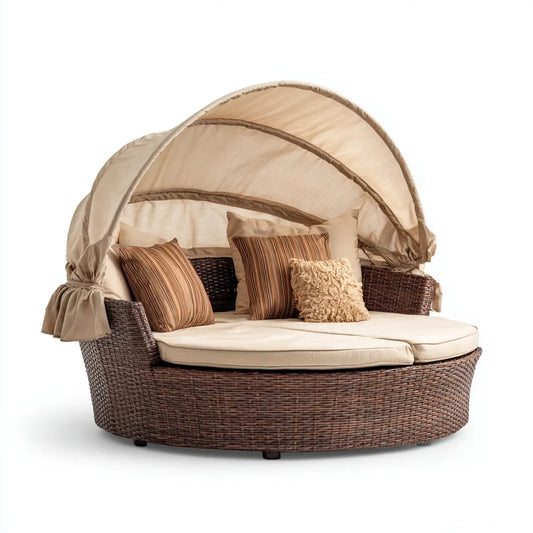 Leżanka ogrodowa, Łóżko w ogrodzie z dachem słonecznym Brązowy Beige Ø 180 x 160 cm PE Rattan poliester