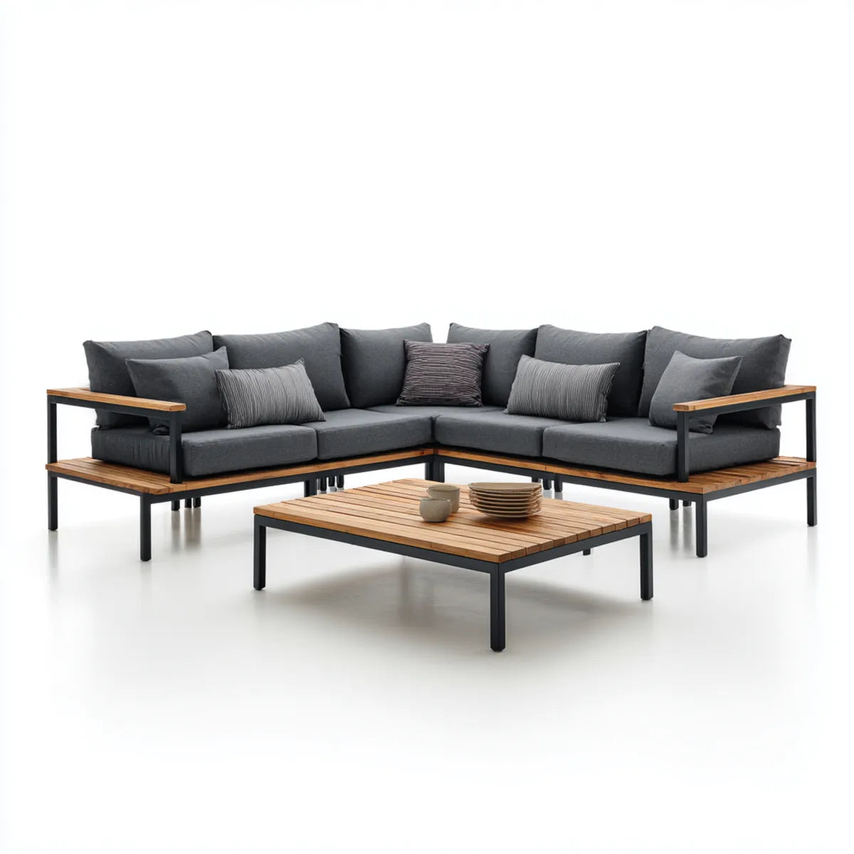 Sofa ogrodowa, Taras Lounge grupa 2-część antracyt naturalny brązowy akacja drewna poliester kształt litery L narożnik sofa 250 x 250 x 70 cm stolik kawowy 120 x 70 x 42 cm
