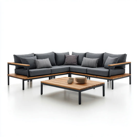 Sofa ogrodowa, Taras Lounge grupa 2-część antracyt naturalny brązowy akacja drewna poliester kształt litery L narożnik sofa 250 x 250 x 70 cm stolik kawowy 120 x 70 x 42 cm