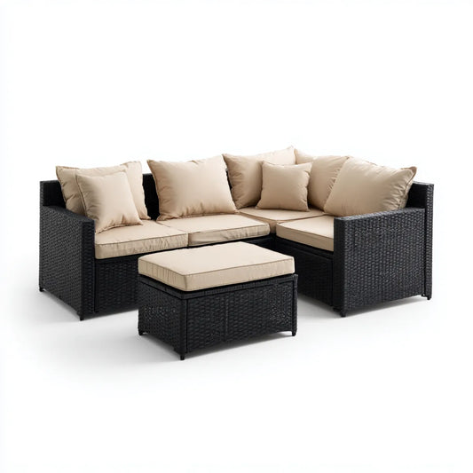 Sofa ogrodowa, 4- częściowy salon Polirattan zestaw czarny kształt Beżżowa 200 x 200 x 73 cm z stolcem