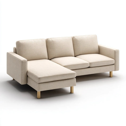 Sofa, Kanapa narożna z rekamierem w lewym beżowym kształcie L, kształt z poliestru 150 x 85 cm, 235 x 150 x 85 cm