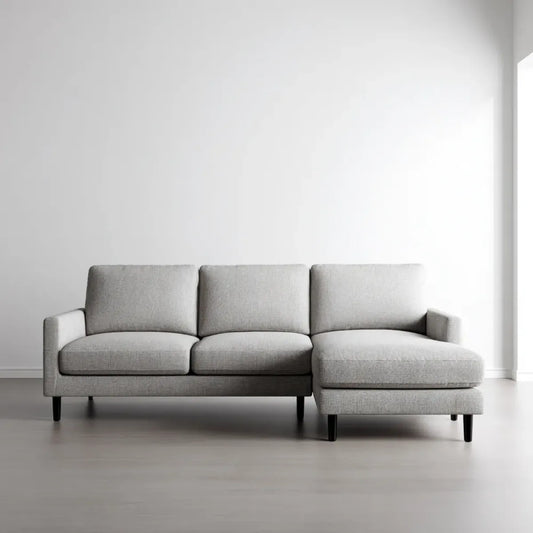 Sofa, Kanapa narożna z jasnoszarym płaskim kształtem, 255 x 160 x 85 cm