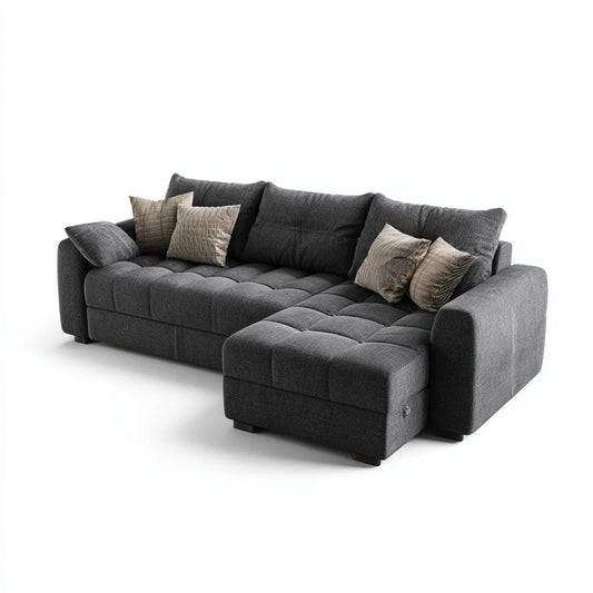 Sofa, Kanapa narożna z ciemnoszarym ottomańskim 280 x 170 x 85 cm poliestrowym kształtem L