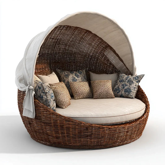 Leżanka ogrodowa, Okrągłe łóżeczko ogrodowe z szyberdachem Brązowy krem 180 x 160 x 160 cm Naturalna rattan poliester