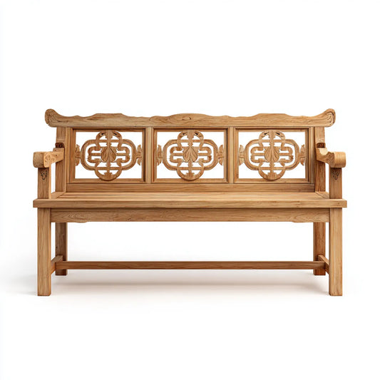 Ławka ogrodowa z litego drewna elmwood naturalna 150 x 60 x 100 cm prostokątne z podłokietnikami